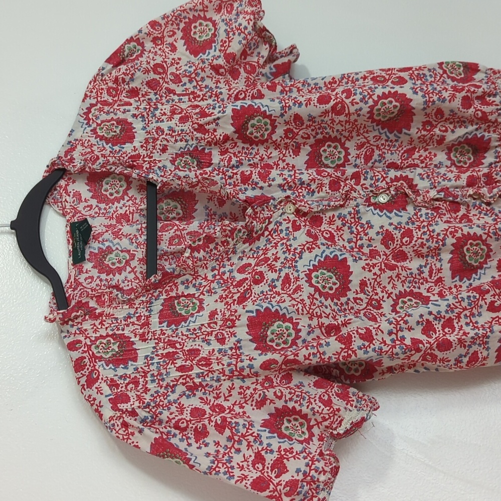 LRL Ralph Lauren Jeans Co. Red White Floral Cotton Shirt Sleeve Ruffle Top M - Picture 2 of 6